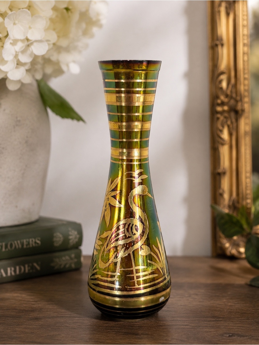 Vintage Indian Brass Bud Vase Etched Bird & Floral Design 6" Tall